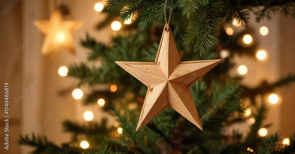A single wooden star ornament suspended from a Christmas tree branch under a soft warm glow, wooden decorations, xmas tree topper A single wooden star ornament suspended from a Christmas tree branch under a soft warm glow, wooden decorations, xmas tree topper