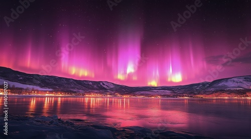 Majestic purple aurora lights dance over icy mountains by serene lake at night