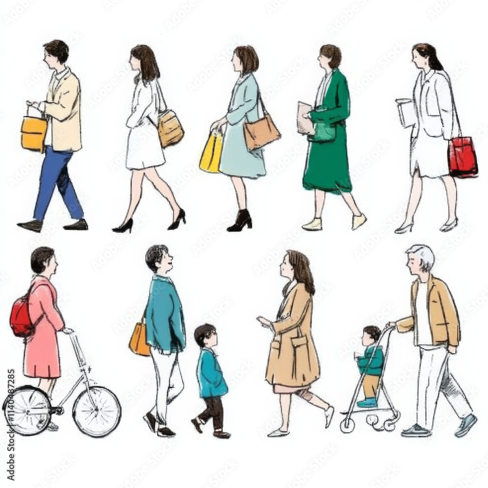 Walking people various outfits, showcasing diverse styles and activities. illustration features individuals carrying bags, riding bicycle, and strolling with children, creating lively urban scene Walking people various outfits, showcasing diverse styles and activities. illustration features individuals carrying bags, riding bicycle, and strolling with children, creating lively urban scene