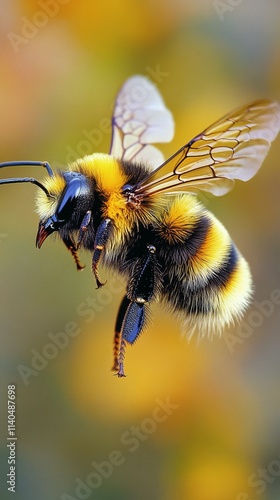 Bumblebee flying above colorful flowers in a garden during daylight hours