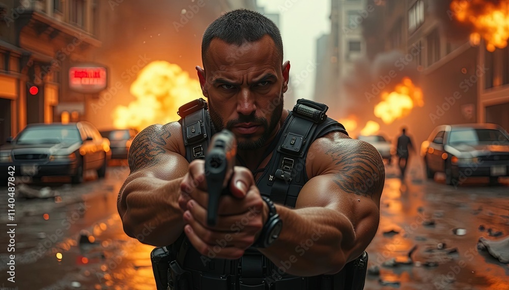 Action scene of a tactical agent in a tense urban setting, aiming a pistol with a dramatic explosion in the background Action scene of a tactical agent in a tense urban setting, aiming a pistol with a dramatic explosion in the background