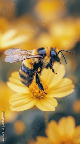 Bumblebee flying above colorful flowers in a garden during daylight hours