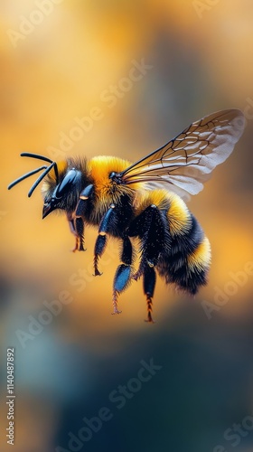 Bumblebee flying above colorful flowers in a garden during daylight hours