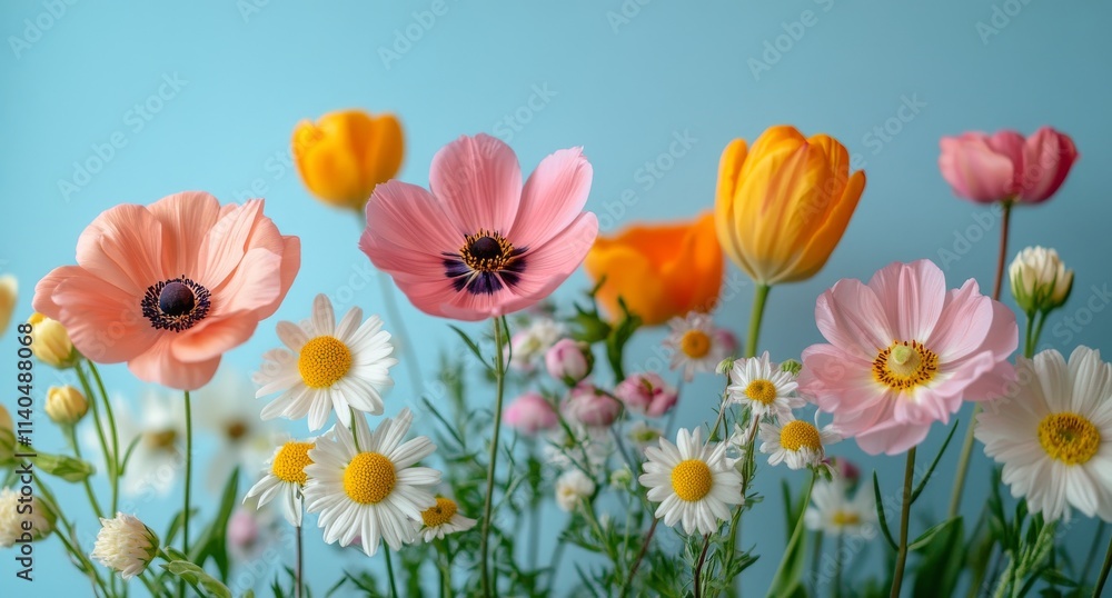 Fototapeta premium Colorful flowers arranged against a light blue background showcasing natures beauty