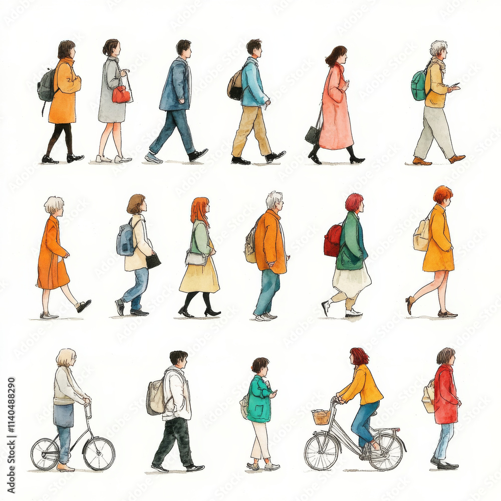 Walking people various outfits, showcasing diverse styles and colors. illustration captures lively urban scene with individuals carrying backpacks and bicycles, expressing movement and daily life Walking people various outfits, showcasing diverse styles and colors. illustration captures lively urban scene with individuals carrying backpacks and bicycles, expressing movement and daily life