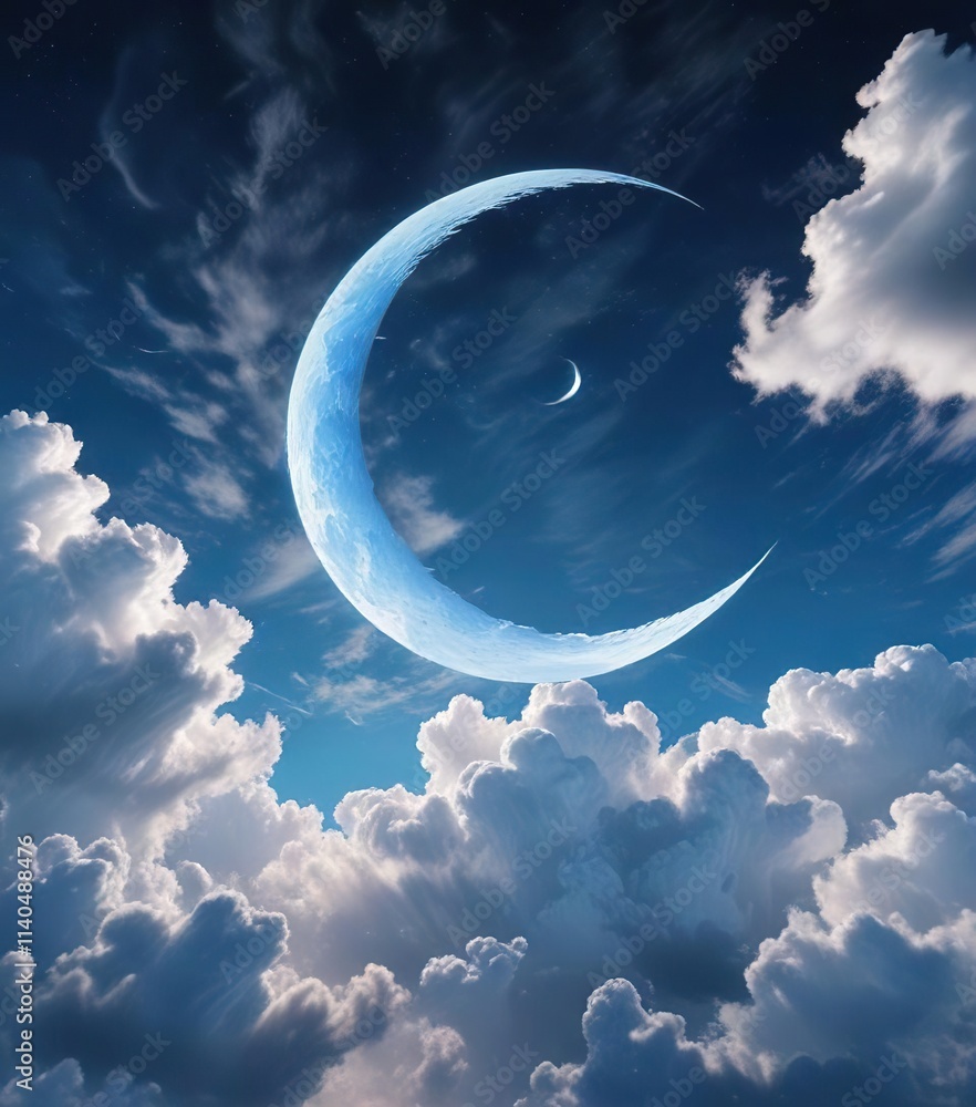 Obraz premium Vibrant blue canvas with billowy white clouds drifting lazily across the sky and a bright white crescent moon shining through , drizzling, wispy