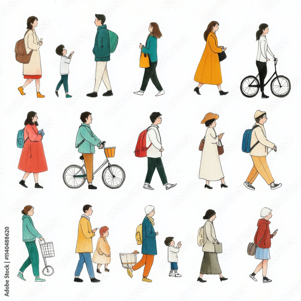 collection of hand drawn people walking, cycling, and interacting in various outfits and styles, showcasing diverse activities and emotions collection of hand drawn people walking, cycling, and interacting in various outfits and styles, showcasing diverse activities and emotions