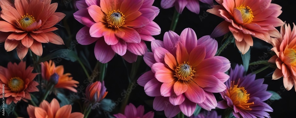 vibrant flowers with unusual shapes and colors on black background, flower shape, vibrant hues, abstract art vibrant flowers with unusual shapes and colors on black background, flower shape, vibrant hues, abstract art