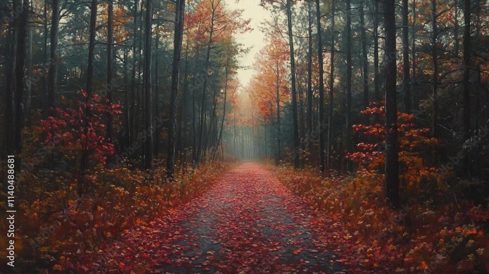 Fototapeta premium Misty autumn forest path with red leaves.
