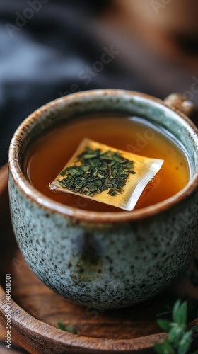 Warm herbal tea served in a rustic bowl with candles softly glowing in a cozy...