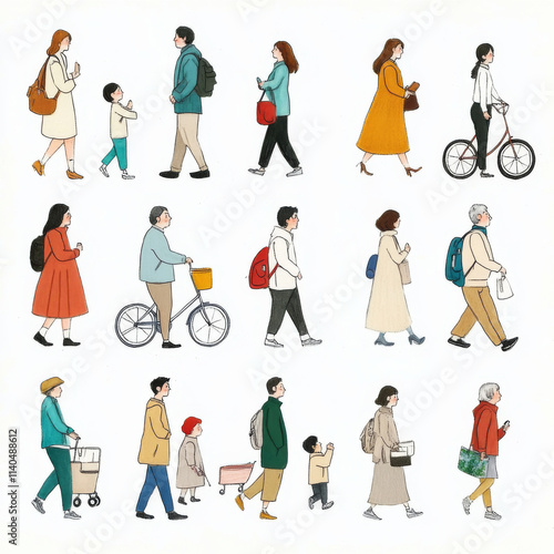 collection of hand drawn people walking, cycling, and carrying items, showcasing diverse styles and activities in vibrant urban setting