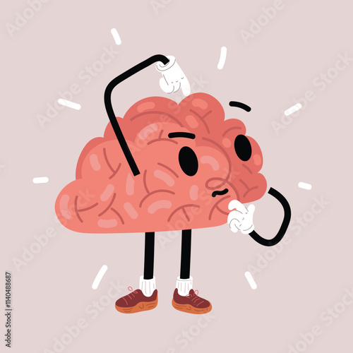 Cartoon vector illustration of a brain scratching its head in thought, symbolizing confusion, deep thinking, and contemplation.