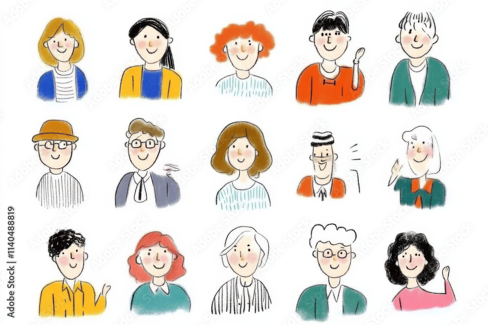Cheerful collection of diverse hand drawn characters with various hairstyles and outfits, expressing joy and friendliness in colorful illustration Cheerful collection of diverse hand drawn characters with various hairstyles and outfits, expressing joy and friendliness in colorful illustration