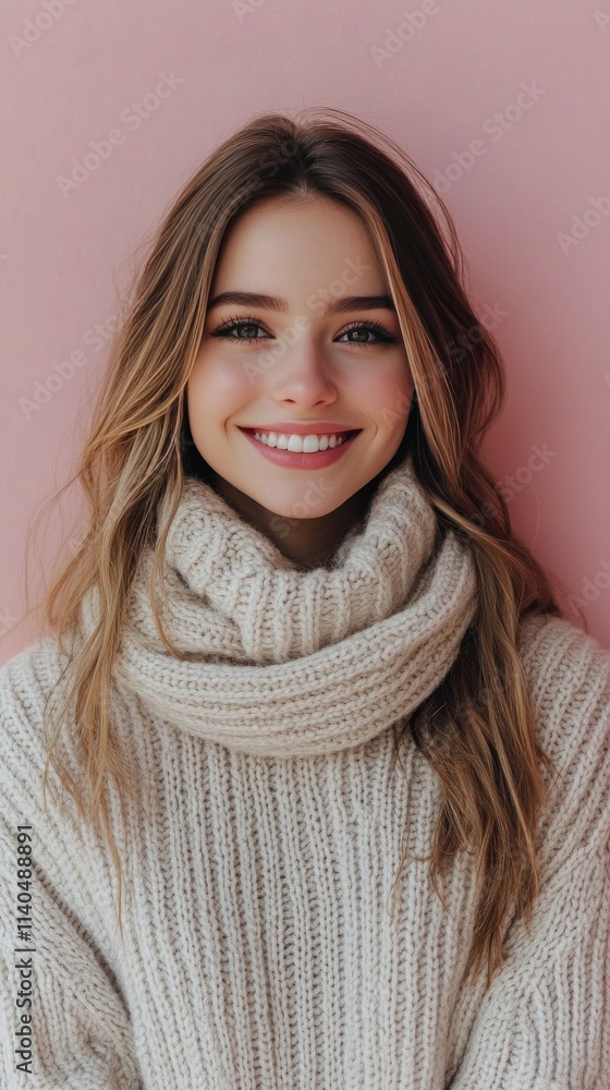 Smiling girl in cozy winter attire with pink backdrop enjoying the warmth of the season Smiling girl in cozy winter attire with pink backdrop enjoying the warmth of the season