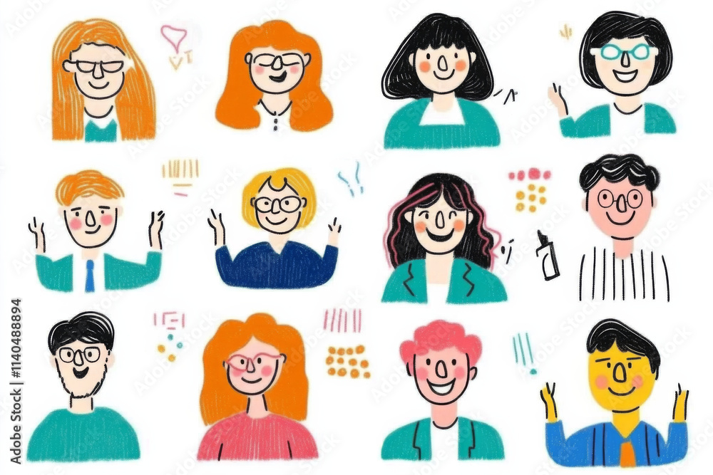 Cheerful collection of hand drawn characters with diverse hairstyles and expressions, showcasing joy and friendliness in colorful illustration Cheerful collection of hand drawn characters with diverse hairstyles and expressions, showcasing joy and friendliness in colorful illustration