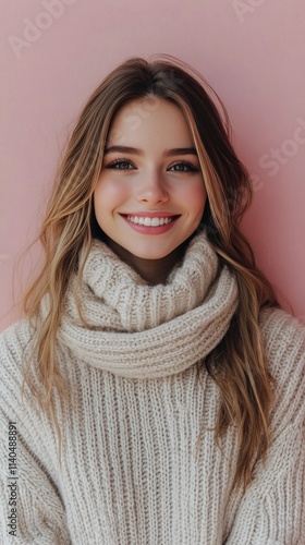 Smiling girl in cozy winter attire with pink backdrop enjoying the warmth of ...