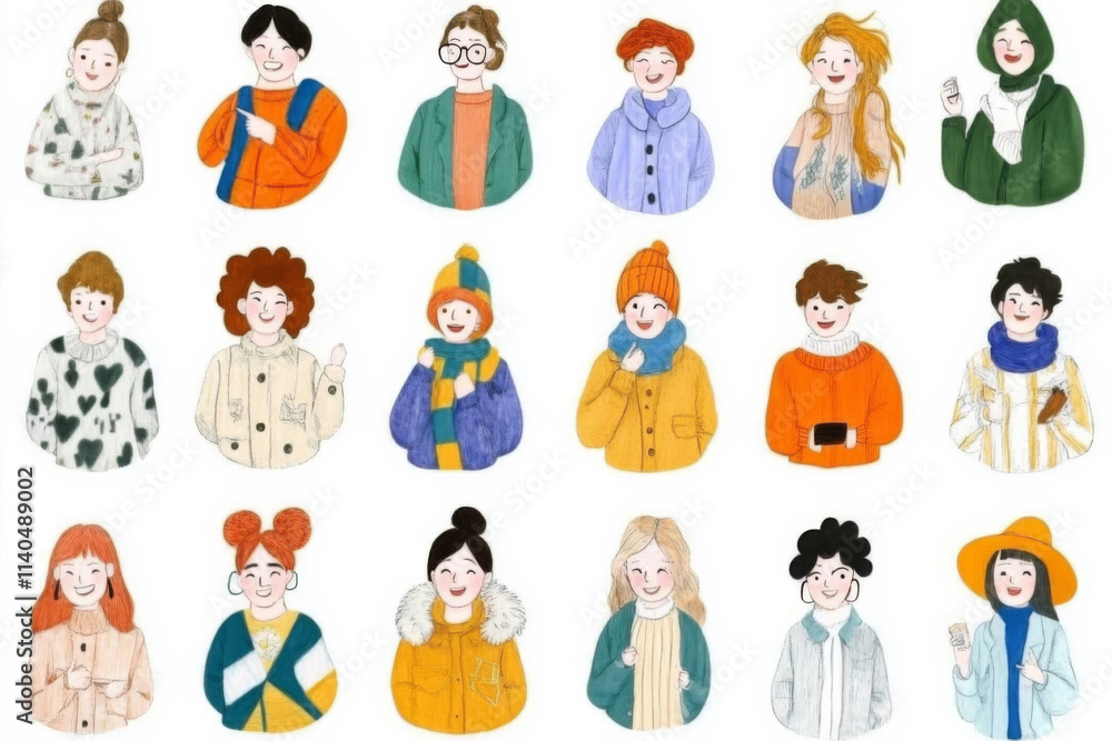 Diverse group of hand drawn characters in winter clothing, showcasing various hairstyles and expressions, creating warm and friendly atmosphere Diverse group of hand drawn characters in winter clothing, showcasing various hairstyles and expressions, creating warm and friendly atmosphere
