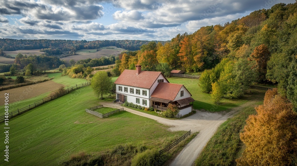 A picturesque house surrounded by autumn foliage and rolling hills. A picturesque house surrounded by autumn foliage and rolling hills.