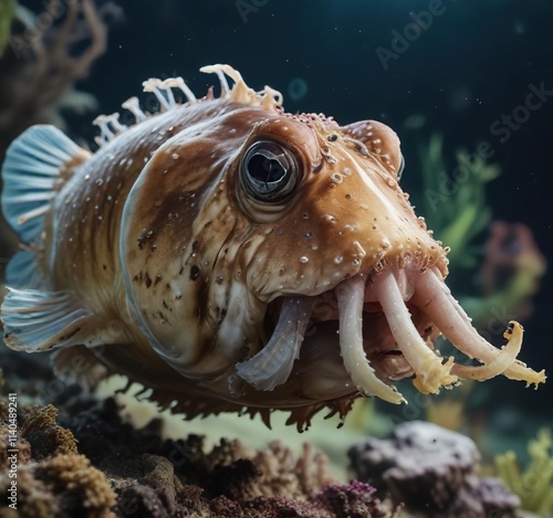 Broadclub cuttlefish's mouth opening to capture prey, mouth open, marine life photo