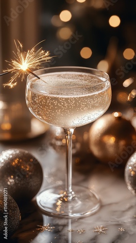 Sparkling drink served in a clear glass surrounded by festive decorations in ...
