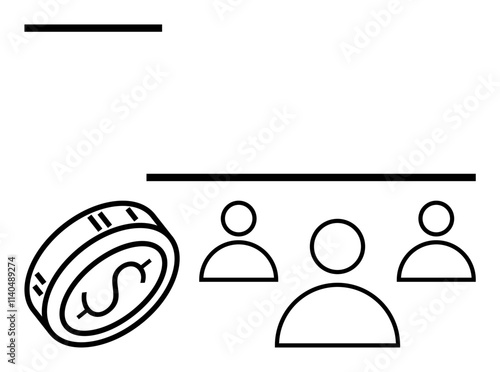 Coin with dollar sign rolling towards three people pictograms under a dividing line. Ideal for finance, teamwork, leadership, management, business strategy, organizational structure, economic growth