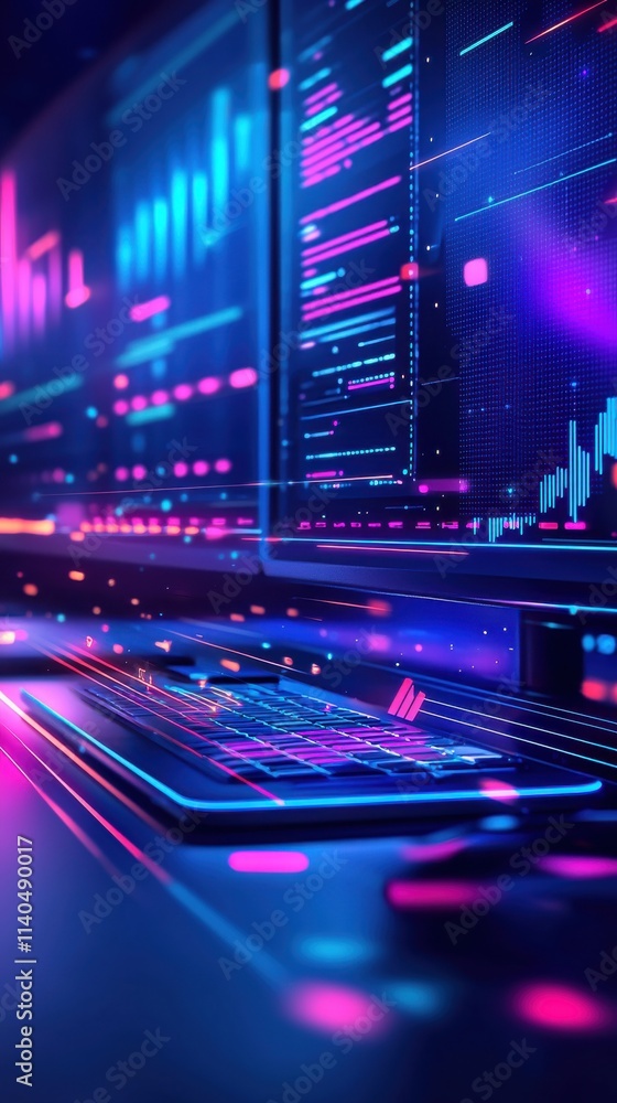 Futuristic Data Analysis Interface with Neon Highlights, Digital Graphs, and Glowing Elements for Modern Tech and Finance Concepts Futuristic Data Analysis Interface with Neon Highlights, Digital Graphs, and Glowing Elements for Modern Tech and Finance Concepts