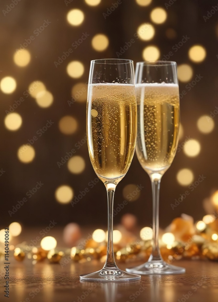 Champagne toasting under soft focus bokeh with gold accents, elegance, gold Champagne toasting under soft focus bokeh with gold accents, elegance, gold