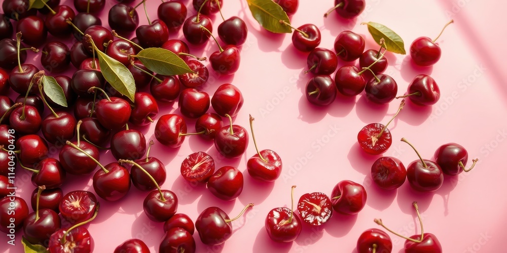 Sweet Cherries Scattered on a Pink Background A Vibrant Summer Fruit Display Sweet Cherries Scattered on a Pink Background A Vibrant Summer Fruit Display