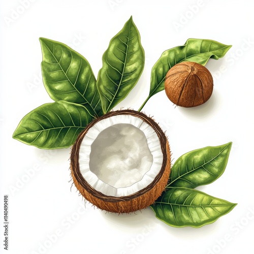 Coconut with green leaves and a whole nut placed on a white background