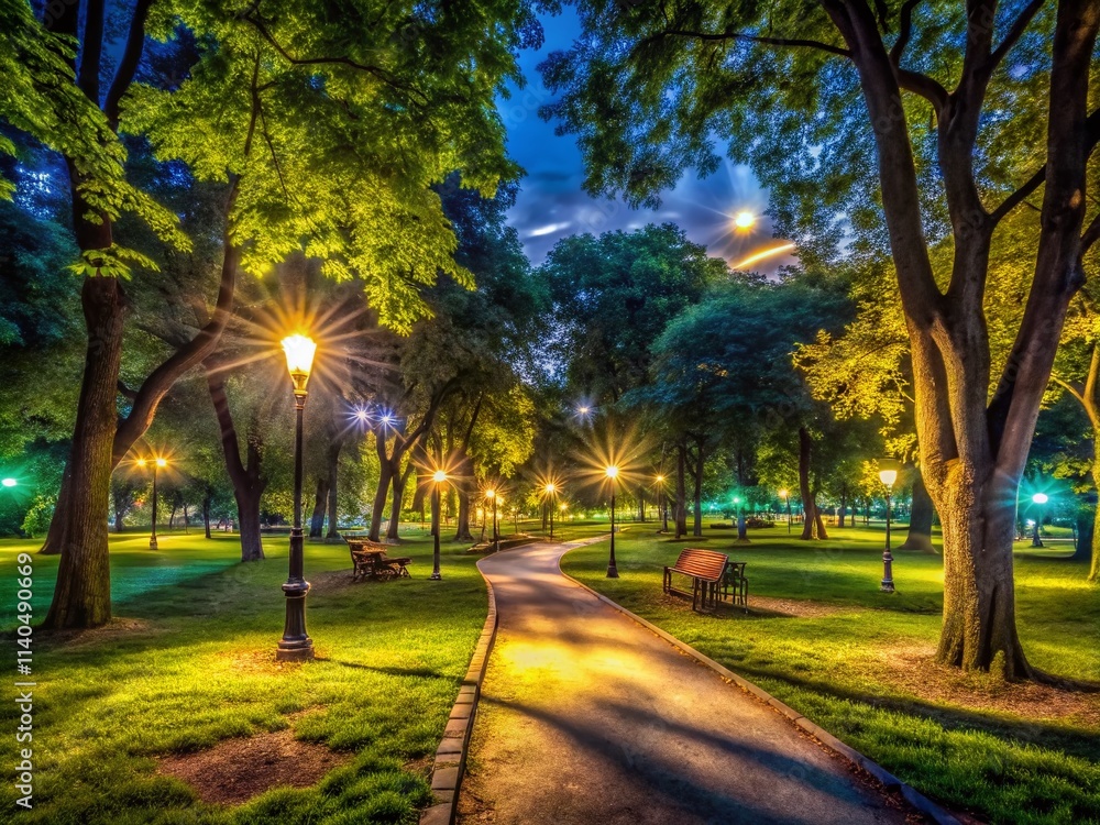 Fototapeta premium Low Light Park Photography: Night Scene, Dark Park, Evening Shadows, City Park at Dusk, Illuminated Trees, Nighttime Landscape