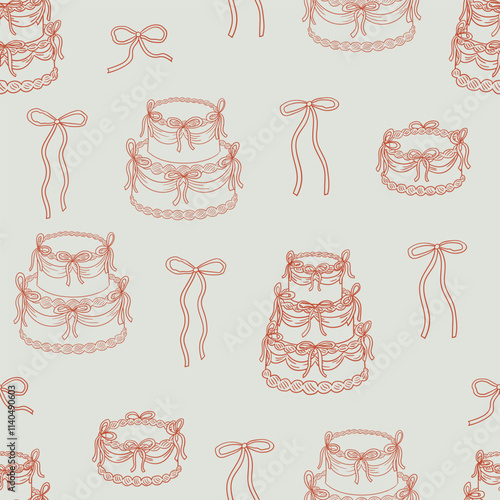 Seamless pattern with various holiday cakes and candles in vintage style. Vector hand drawn outline background with cakes, candelabra and bows for wedding, birthday or valentines day