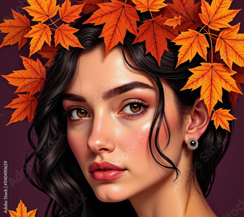 Woman with autumn leaves framing face portrait