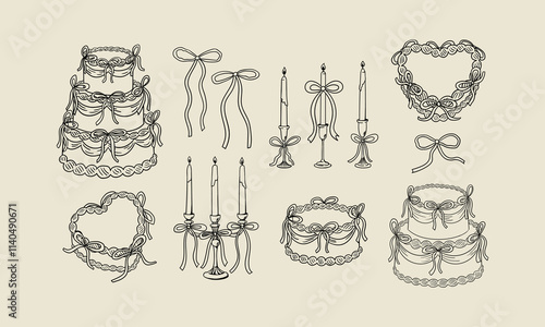 Set of various holiday cakes, candles and bows. Vector hand drawn elegant illustration in vintage sketch style. Cliparts for birthday, wedding valentines designs