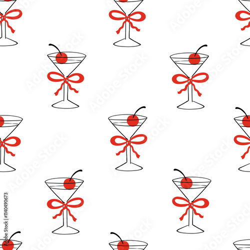 Seamless pattern with martini glass with red bow and cherry. Vector flat background of champagne and ribbon. Christmas, valentines day, birthday, holiday clipart