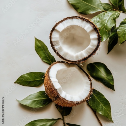 Coconut with green leaves and a whole nut placed on a white background