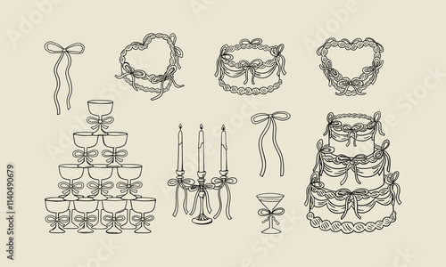 Set of various holiday cakes, candles, champagne pyramid and bows. Vector hand drawn elegant illustration in vintage sketch style. Cliparts for birthday, wedding, valentines designs