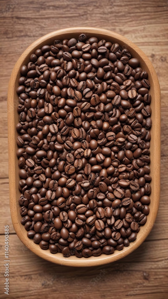 Coffee beans arranged in a decorative bowl on a wooden table, decor, table, bowl Coffee beans arranged in a decorative bowl on a wooden table, decor, table, bowl