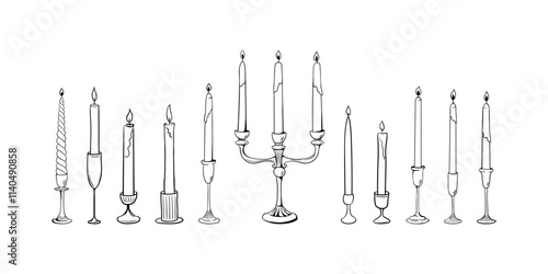 Set of hand drawn vintage elegant candles and candelabra. Vector illustration in retro sketch parisian style
