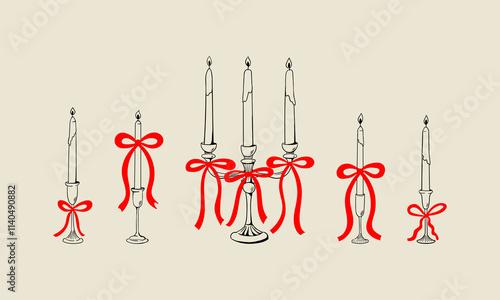 Set of hand drawn vintage elegant candles and candelabra with red bows. Vector illustration in retro sketch parisian style