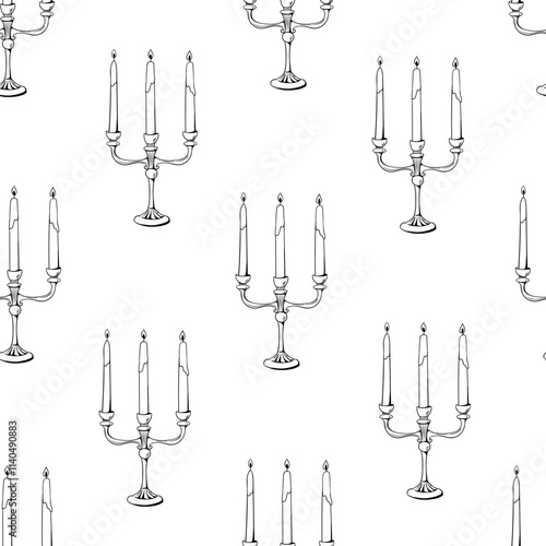 Seamless pattern with elegant hand drawn candelabra. Vector outline background with candle decor in vintage sketch style