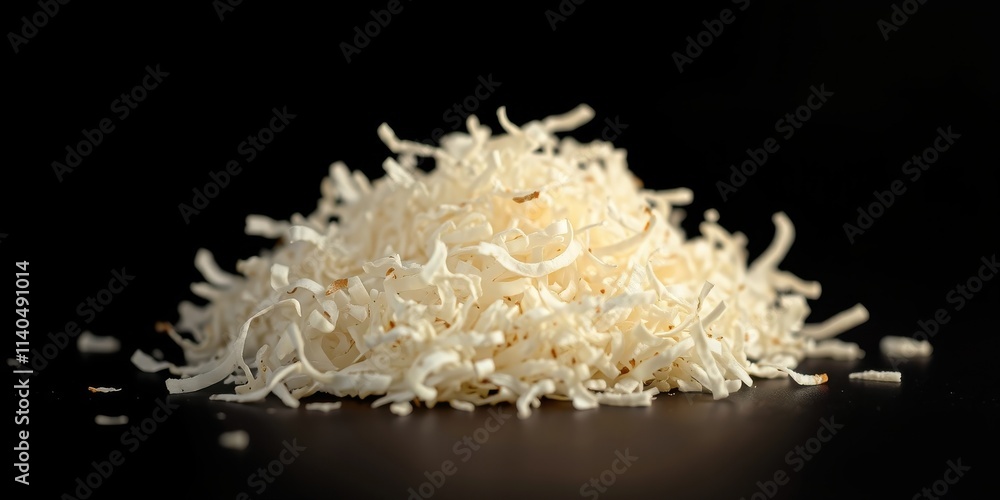 A mound of shredded coconut against a dark background, showcasing its texture and delicate curls. A mound of shredded coconut against a dark background, showcasing its texture and delicate curls.