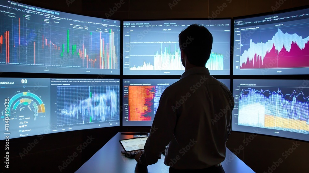 Professional Analyzing Data on Multiple Screens in Modern Office Professional Analyzing Data on Multiple Screens in Modern Office