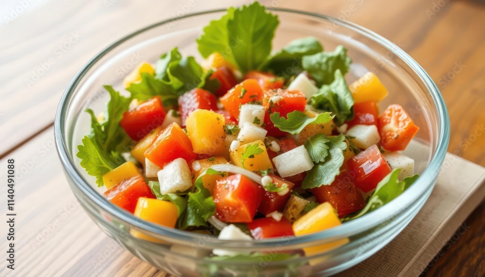 A fresh salad with colorful vegetables served in a glass bowl. A fresh salad with colorful vegetables served in a glass bowl.