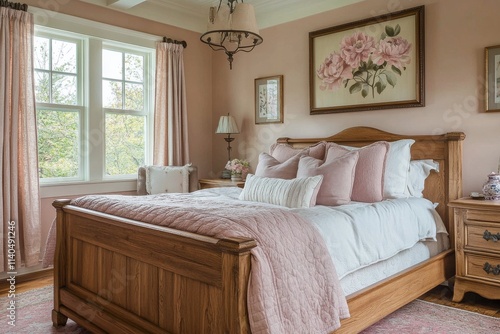 Cozy bedroom with natural light and floral decor in a serene setting