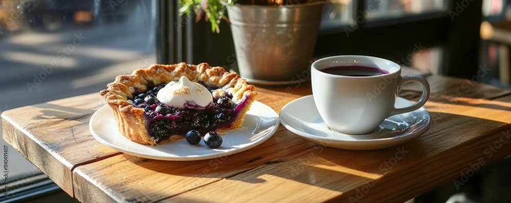 Naklejka premium Fresh baked blueberry pie and cup of coffee