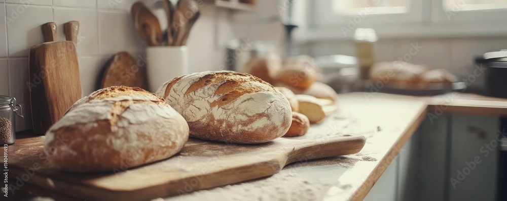 Fresh bread on the kitchen counter - ciabatta - baguette Fresh bread on the kitchen counter - ciabatta - baguette