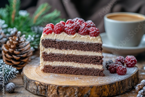 Chocolate cake slice topped with raspberries and coffee served on a wooden pl...