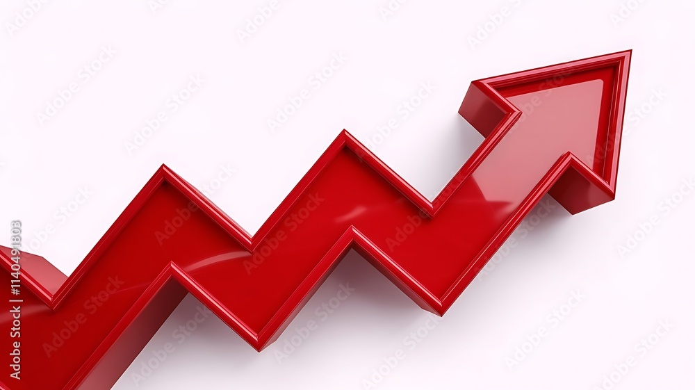 3D Render of a Glossy Red Zigzag Upward Arrow with Reflective Surface Symbolizing Growth and Progress Isolated on White Background 3D Render of a Glossy Red Zigzag Upward Arrow with Reflective Surface Symbolizing Growth and Progress Isolated on White Background