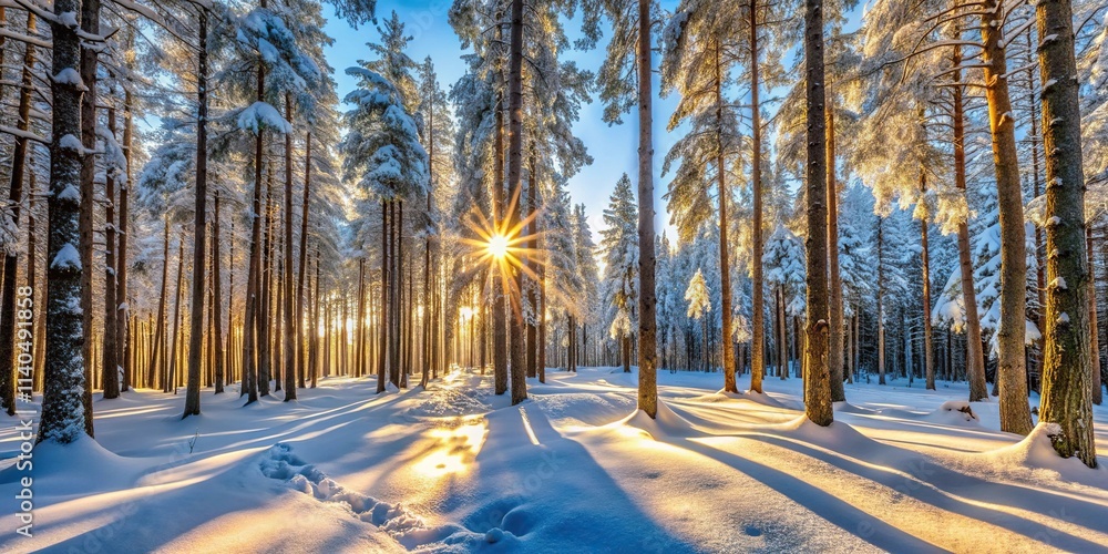Fototapeta premium Sunlight filtering snowy trees temperate mixed forest