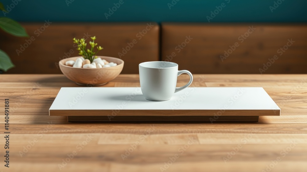 Simple white mug on a minimalist tray, a serene wooden table setting Simple white mug on a minimalist tray, a serene wooden table setting